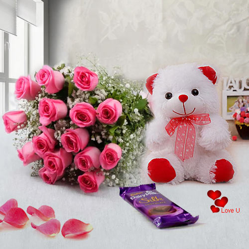 Pink Roses With Silk Teddy Bear